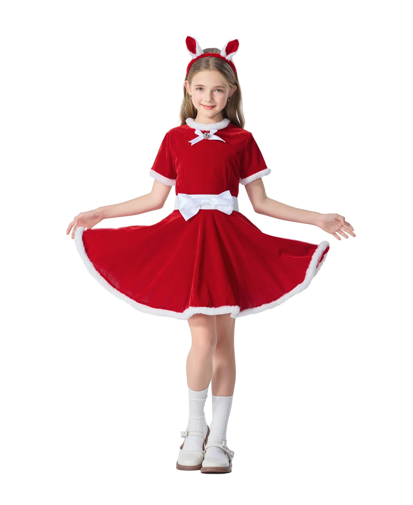 Niedliches Weihnachtskleid-Set für kleine Kinder, bestehend aus einem weiß gefütterten Rock mit flauschigem, weißem Rand, einer weißen Schleife und einer passenden Weihnachtsmütze. – Detail 8