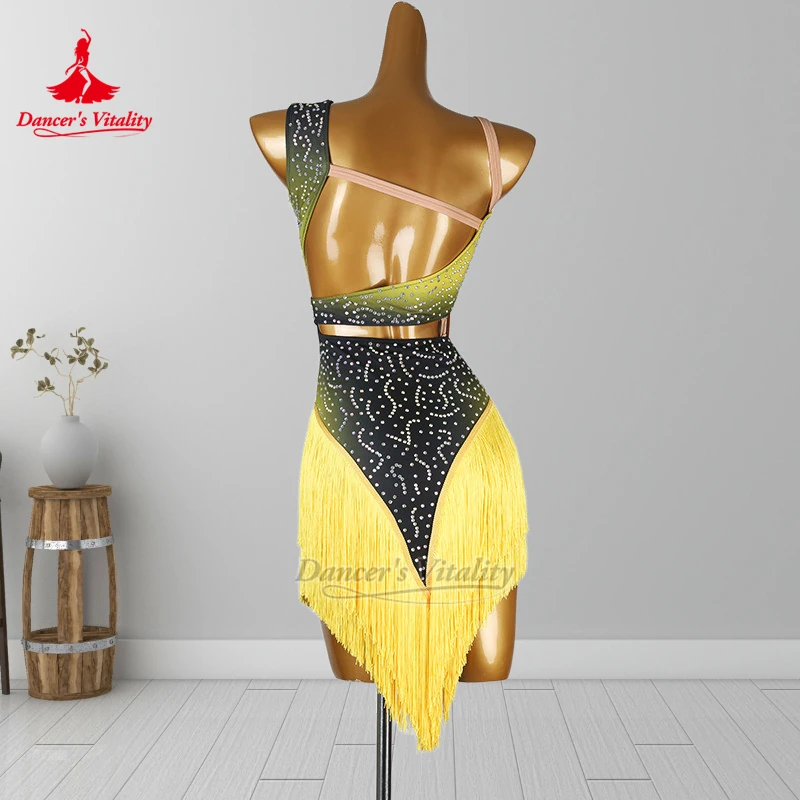 ダンサーの活力ノースリーブシングルショルダーラテンダンスタッセルドレス大人&子供チャチャグラデーションカラーパフォーマンス服カスタム