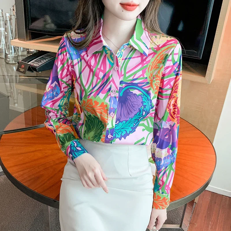 Satin Vintage Women\'s Shirts Spring/summer New Prints Women Blouses Loose Long Sleeves Top Fashion Korean Clothing Sales