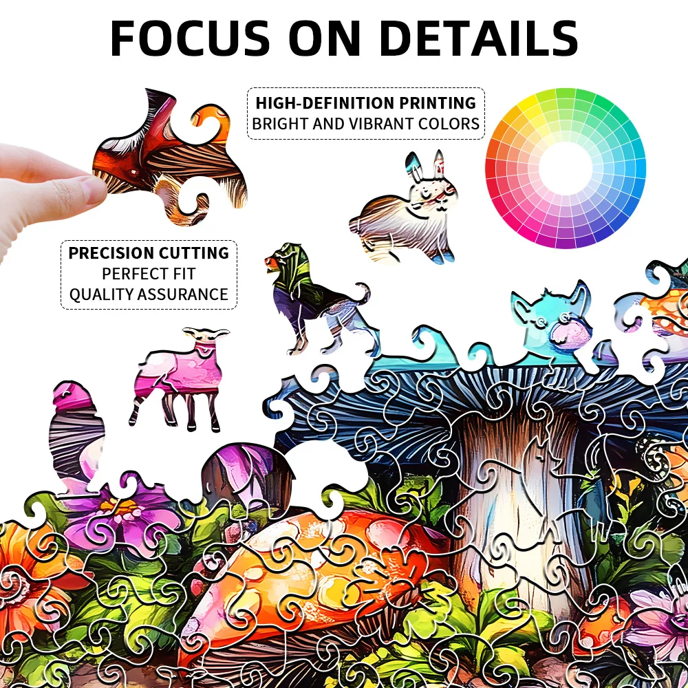 Wooden Puzzles for Adults, Cat Family Wooden Jigsaw Puzzles for Adults, Mushroom Kitten Wood Puzzles Adult, Unique Animal Shape