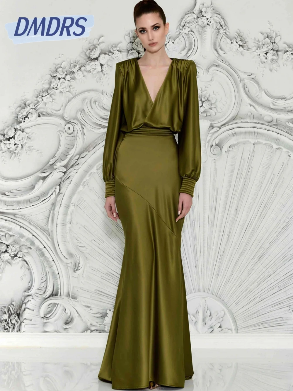 

DMDRS Modern Flowy Satin Evening Dress Sexy Deep V Neck Long Sleeves Prom Gown Customized Cocktail Party Gown Fitted Waist