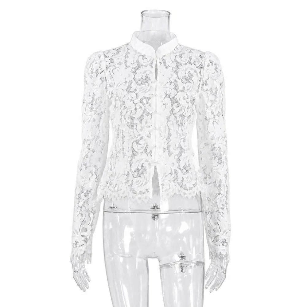 Solid White Color Floral Lace Blouse Sheer Lace Front Button Closure Stand Collar Shirt Scallop Hem Slim Waist