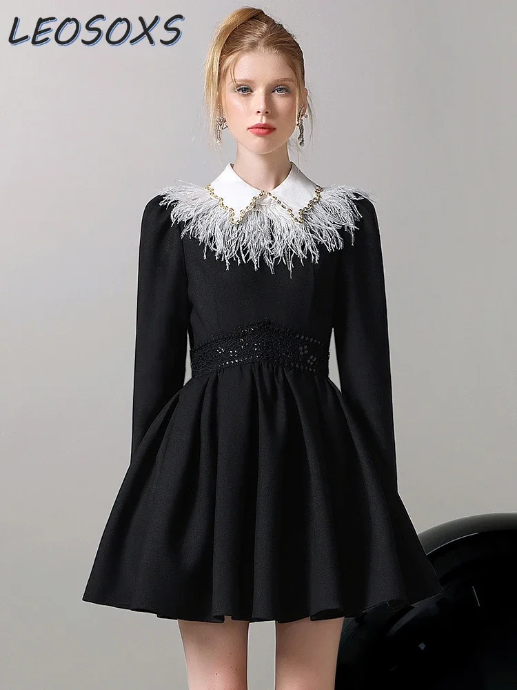 Elegant Black Dress Women Autumn and Winter 2023 New Chic Feather Polo Collar Long Sleeve Slim Waist Slimming Pleated Dress Lady