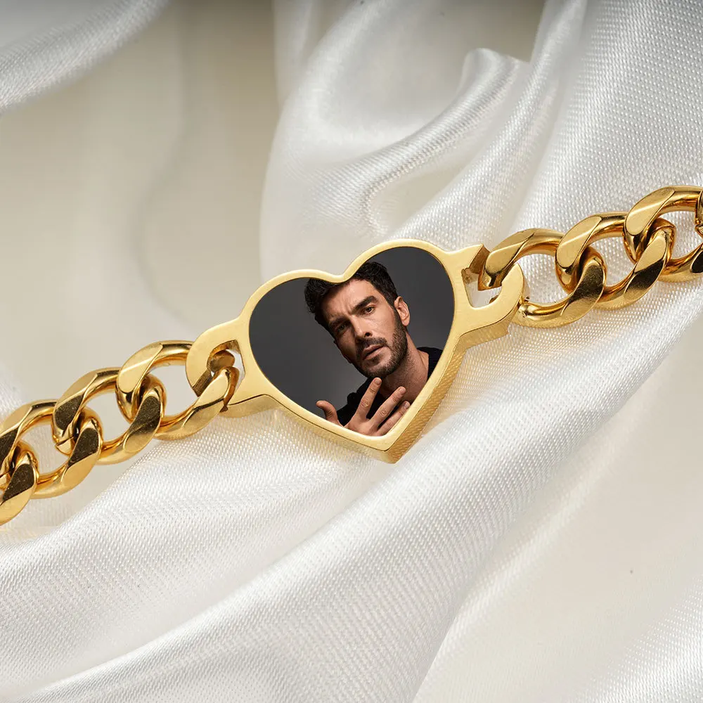 Customizable Heart Photo Bracelet - Personalized Picture Chain for Couples & Best Friends - Engraved Memory Keepsake Gift view 5