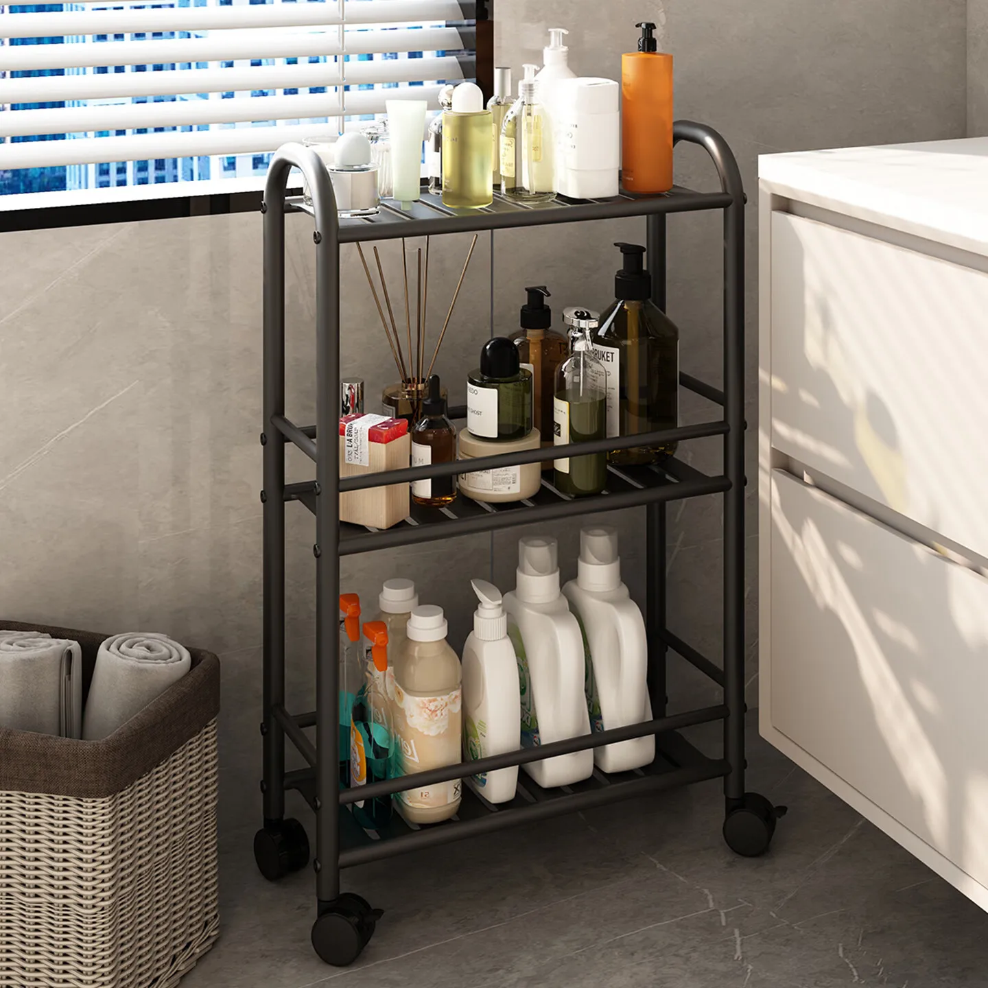 Slim Rolling Bathroom Storage Cart Waterproof Narrow Gap Shelf High Temperature Baked Paint Mobile Shower Organizer 이동식 수납 카트