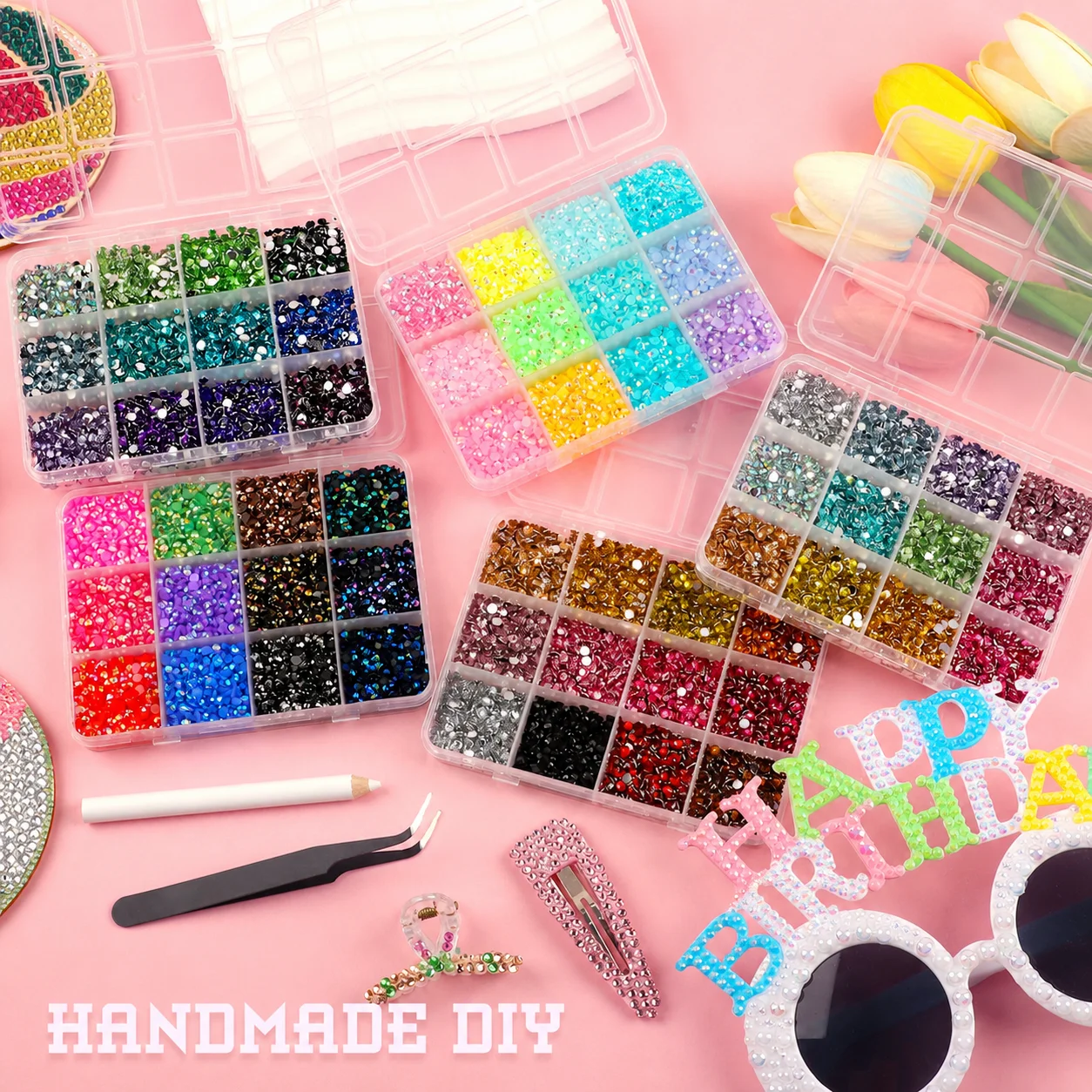 12 Grids 3mm Shiny Ab Color Flatback Round Resin Rhinestones Set With Tools For Nail Art Diy Craft Decoration