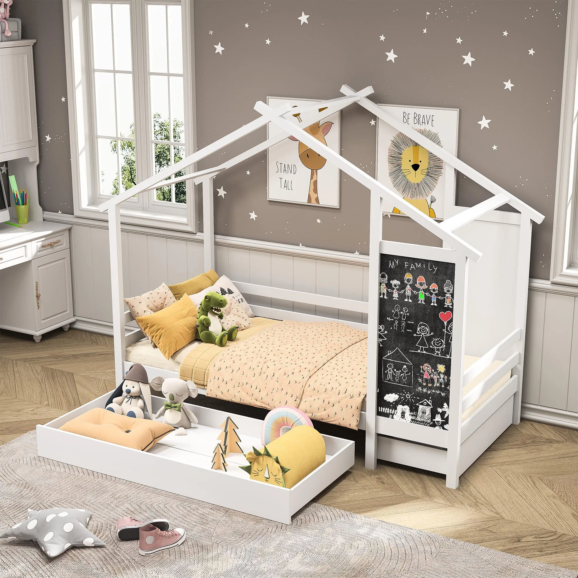 Children's Bed House Bed 90 x 200 cm, Wooden Bed with Board and 2 Drawers, Solid Wood with Fence and Slatted Frame, White