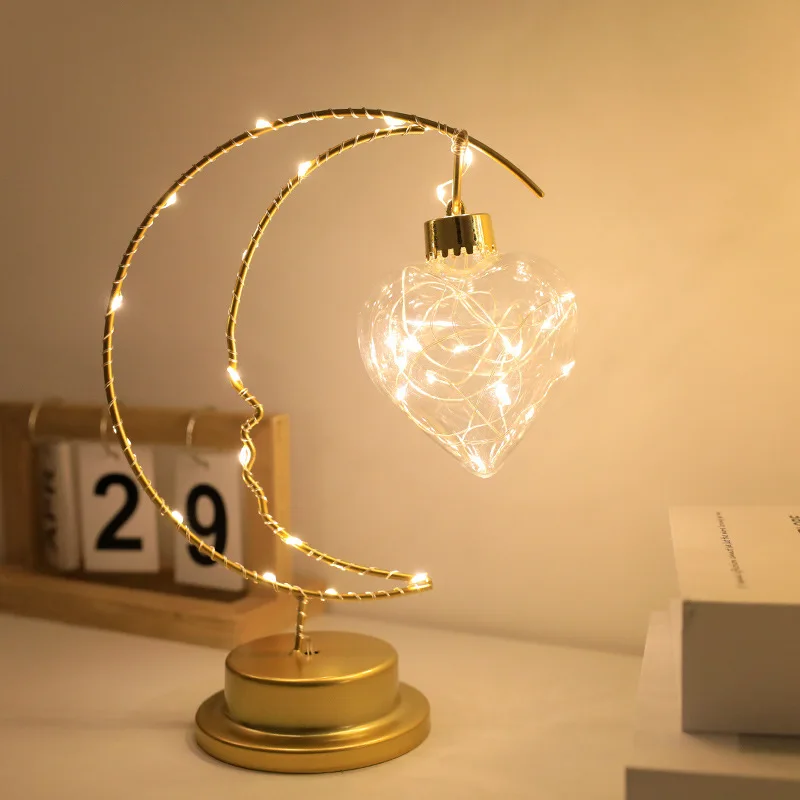 Romantic Starry Moon LED Night Light - Heart-Shaped Iron Decor, Perfect Gift for Bedroom