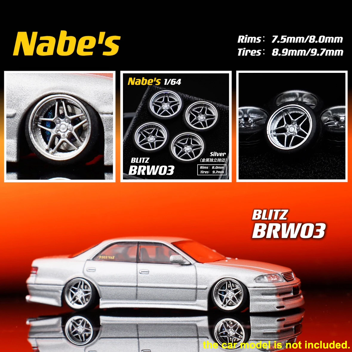 1/64 Chika Nabes Wheels 8.9mm/9.7mm Tires Rays 57CR Kansei Tandem BLITZ BRW03 Work T7R for 1:64 Car Model HW/ Tomy /Mini Gt/R35