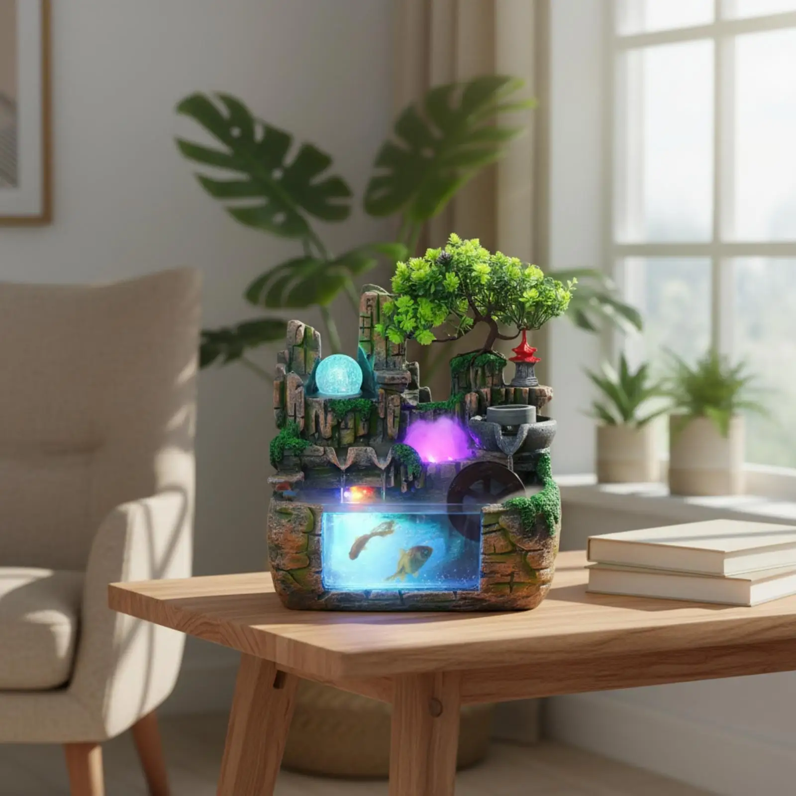 Indoor Table Fountain with Faux Stone Texture and Artificial Tree Top Decorative Waterfall Craft for Feng Shui Table Decor