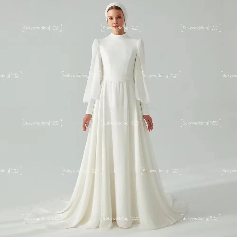 

Muslim High Collar Wedding Dresses A-line Vertically 2024 New Bride Gown Long Sleeves Bride Bridal Gowns Robes de mariée