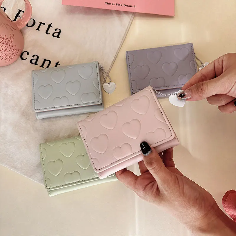 Love Short Purse Female Korean Version Cute Small Fresh Three Fold Money Clip Ins Student Niche Pure Color Card Bag