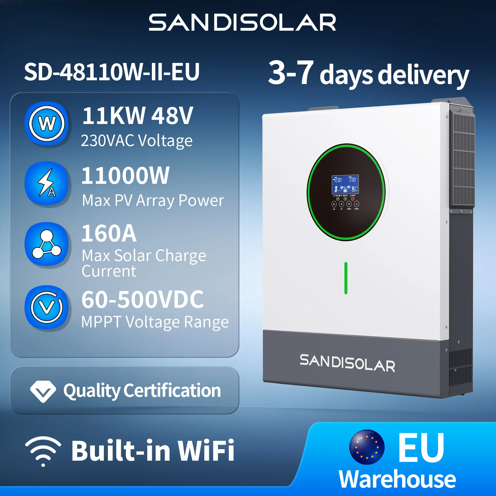 SANDISOLAR 11KW 48V 6.2KW 48V 4.2KW 24V Solar-Hybrid-Wechselrichter 48V 230V Dual MPPT 500VDC Eingang 160A Ladestrom Reine Sinuswelle Notstromlösung