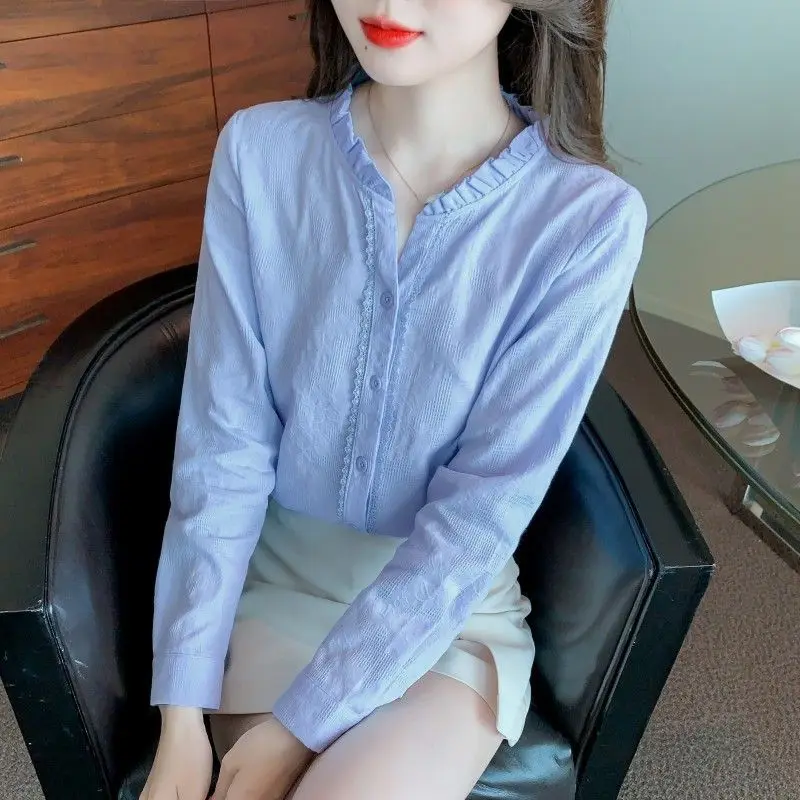 

New Spring Autumn Women Blouse Elegant Versatile Ruffle Collar Floral Shirt