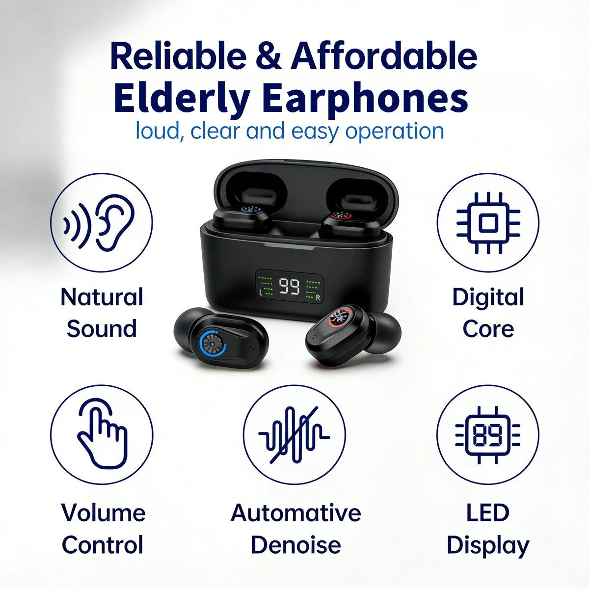 Elderly Invisible In-Ear Earphones Type-C Charge Power Display Sound Enhancement Noise Reduction LED Battery Display for Seniors