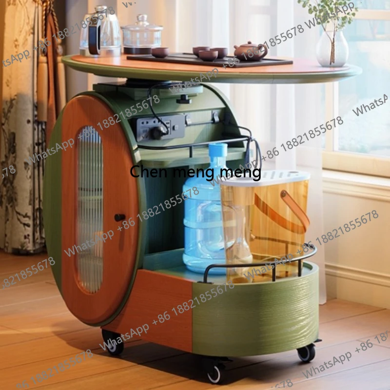 Movable side table Solid wood tea cabinet Antique living room trolley French retro home mobile tea cart Coffee table
