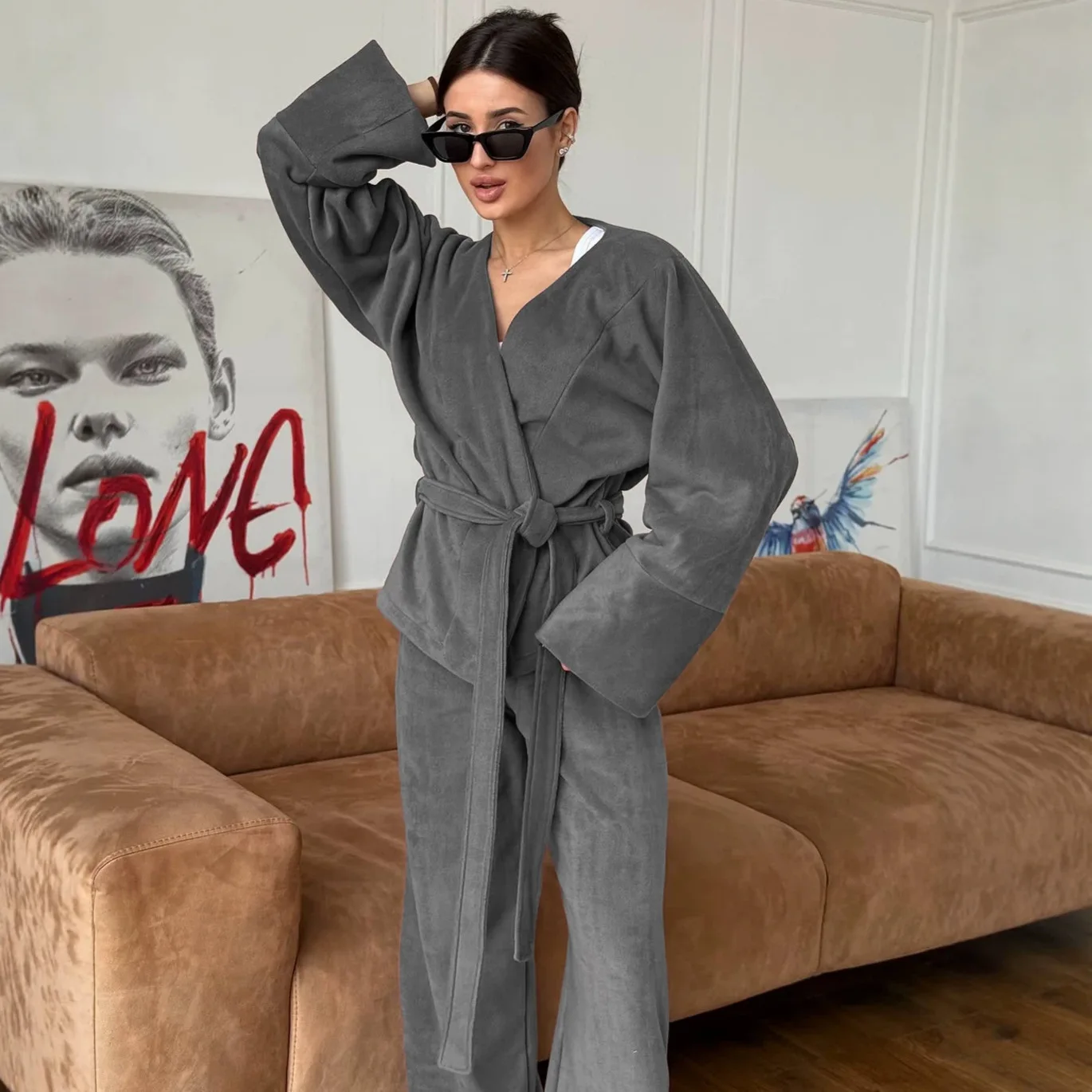 2026 New European and American Autumn/Winter Women's Two-Piece Fleece Pajama Set with Lace-Up Long Sleeves and Trousers