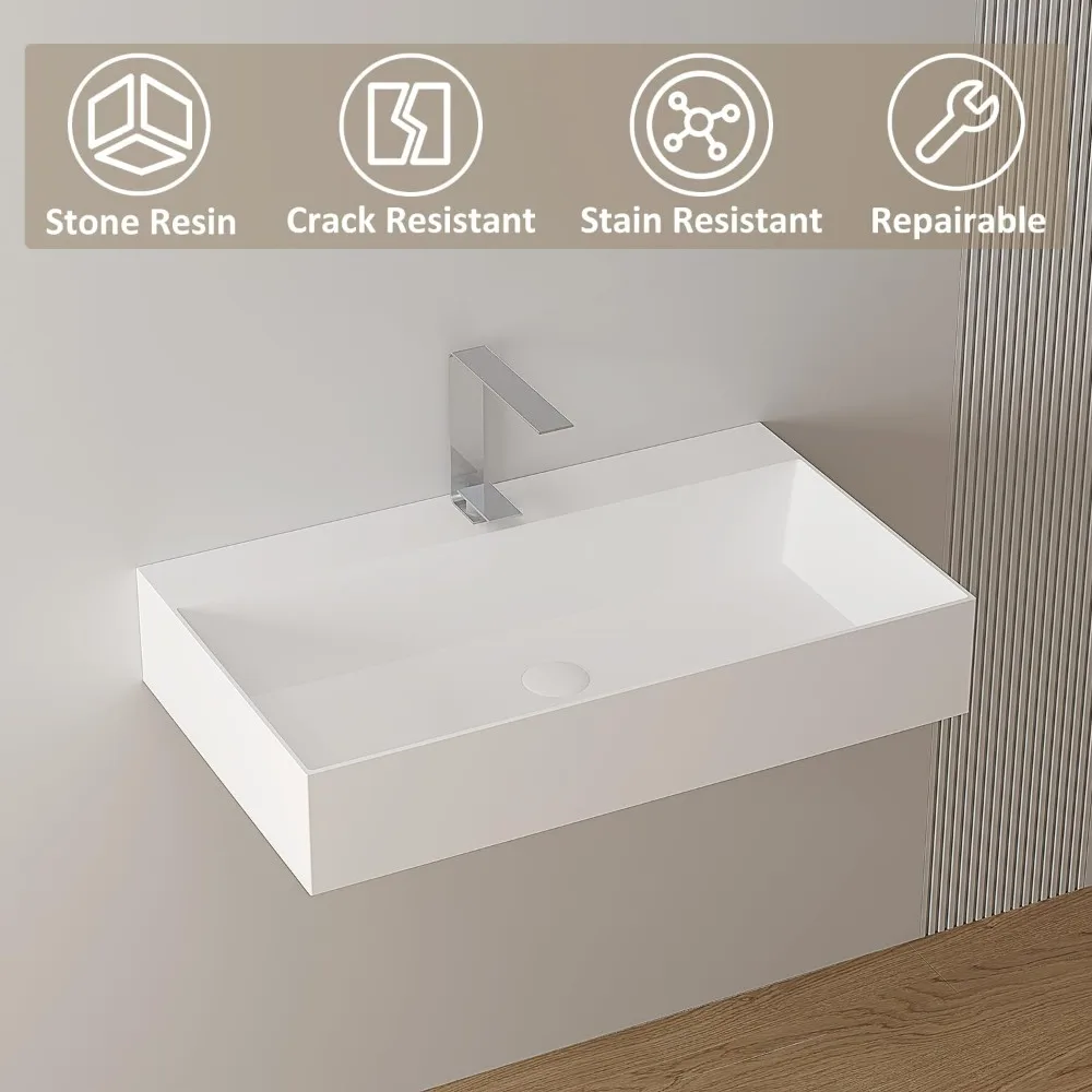 30x18 inch Wall-Mount Stone Resin Bathroom Sink with Faucet Hole, Floating Vessel Sink with Pop Up Drain Set Above Counter,White