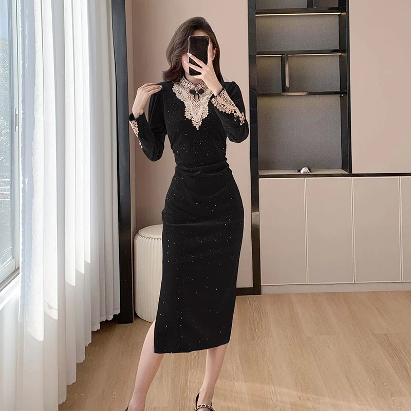 Robe en velours rouge mince patchwork de dentelle de style français pour femmes, robes en velours pour femmes, printemps, automne