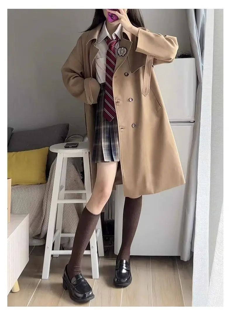 Japan Preppy Style Trench Coat Women Fashion Korean Double Breasted Long Sleeve JK Uniform Coat Midi Length Slim Windbreaker