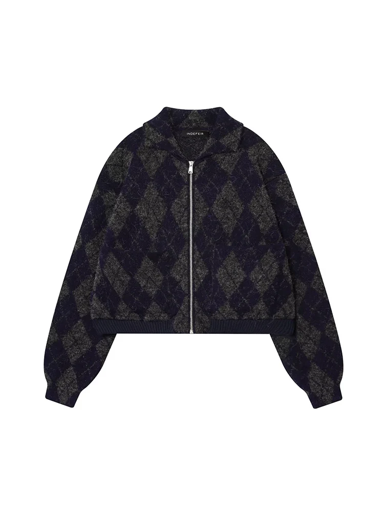 European style new women's fashionable and versatile elegant lapel long-sleeved diamond pattern knitted bomber jacket