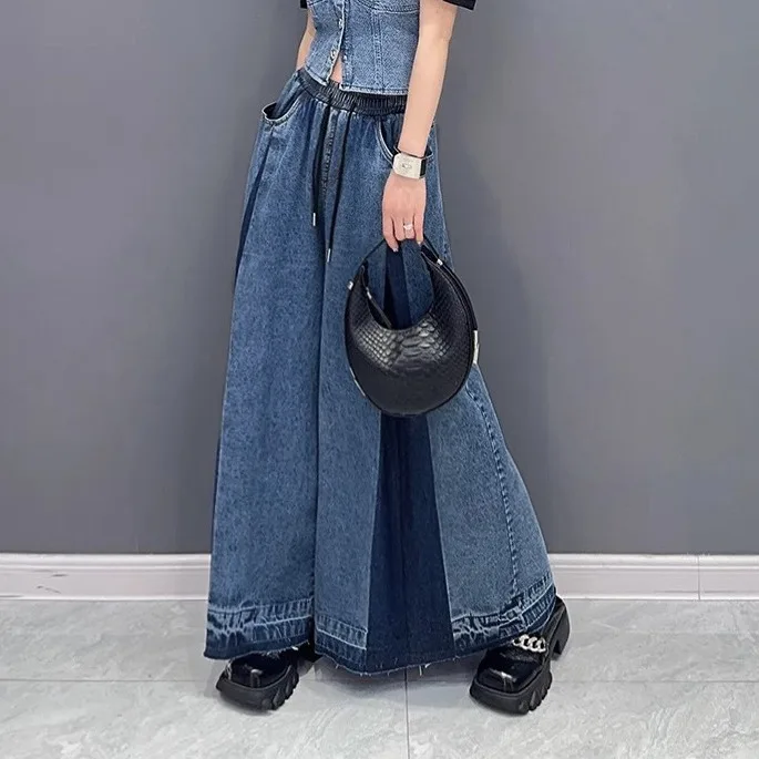 American Street Style Pleated Color-block Washable Jeans Women's Spring New Arrival Loose Stylish Trendy Casual Wide-leg Pants