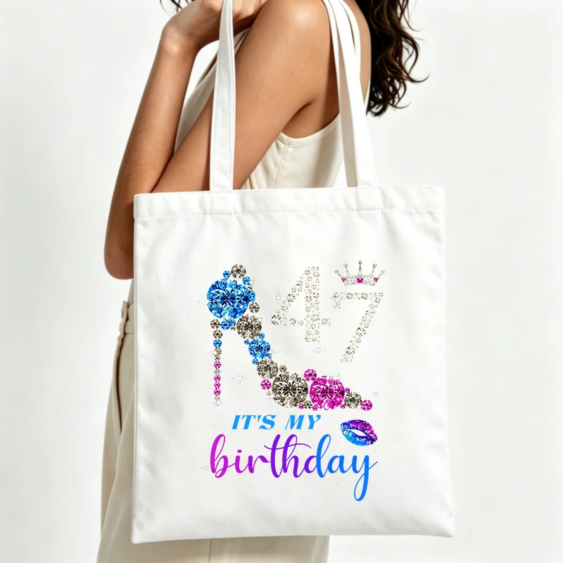 Women's crystal high heel and birthday text print canvas tote bag, casual style for birthday celebrations and daily outings