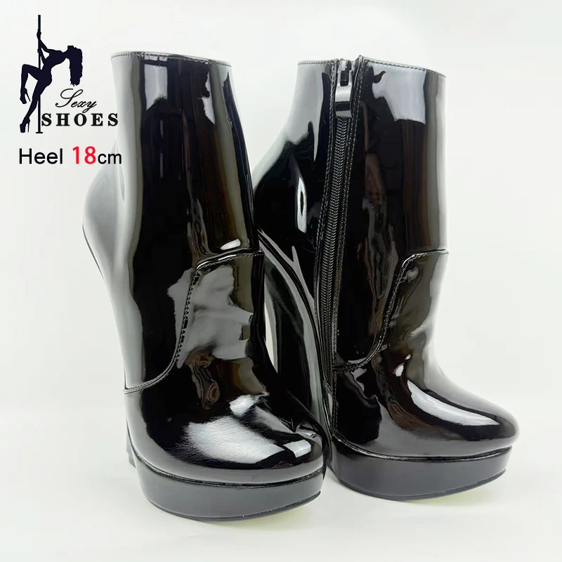 

18CM High Heel Wedge Glossy Leather Short Boots Side Zipper Women Platform Fetish Sexy Shoes Ballet Ankle Boots Plus Size 45 46