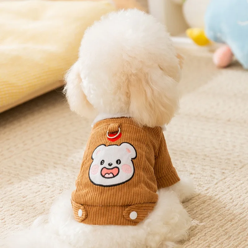 Ropa de invierno a prueba de viento y cálida para perros, ropa de pana de algodón de dos patas para perros, ropa de abrigo leasable para mascotas, ropa de dibujos animados de peluche