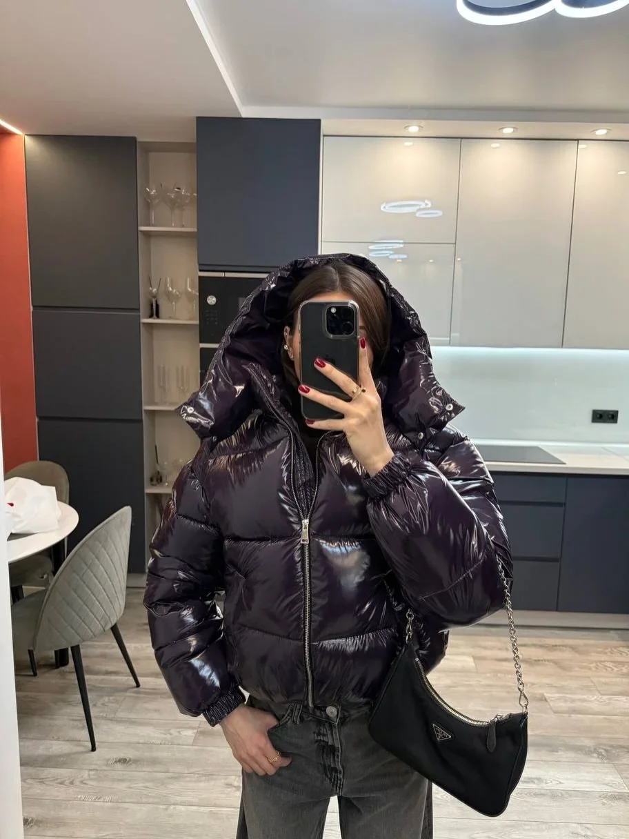 Ladies Glossy Hooded Puffer Jacket Cropped Drawstring Hem Zip Up Coat 2026 Winter Warm Casual 2026 New Trendy Cotton Outwear