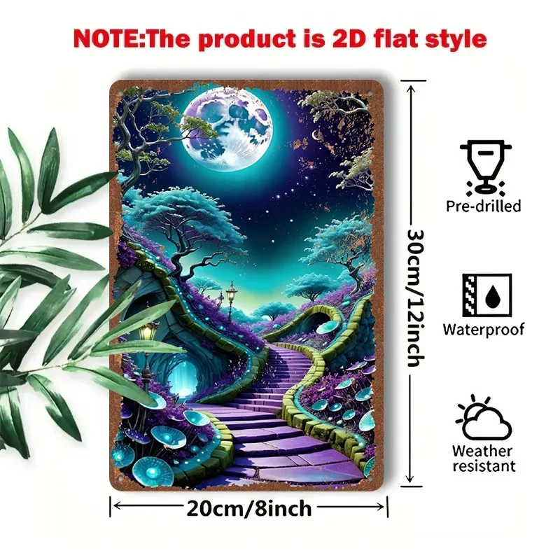 2D Flat - This 1pc 2D [Flat] Metal Sign Titled 'Dreamy Moonlit Wonderland' Measures 8X12 Inches (20X30 Cm) And Depicts a Mysteri