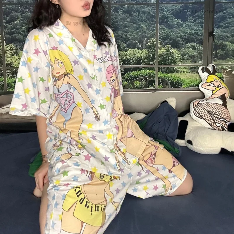 Y2k Anime Harajuku Home Clothes Short Sleeve Tee Shirt Shorts Summer Pajamas 2 Piece Set Women Star Cardigan T-shirts Sleepwear