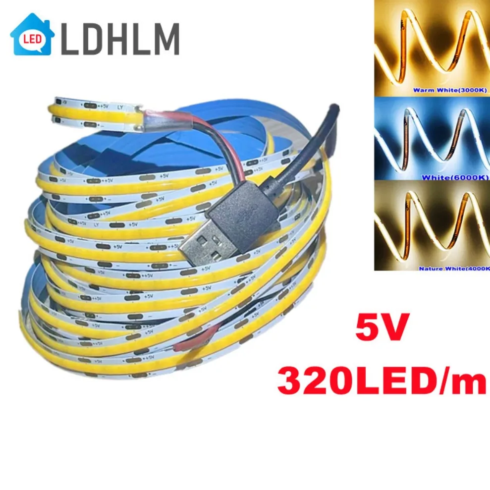 DC 5V USB COB Led Strip Light USB powered High Density Linear Lighting  Flexible LED strip 3000K/4500K/6500K Colors 320LED/m