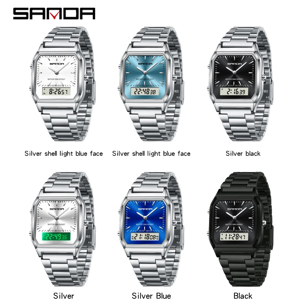 SANDA G style Unisex LED Digital Sport Watch Men Steel Strap Dual Display Women Boys Girl Military Waterproof Quartz Wristwatch