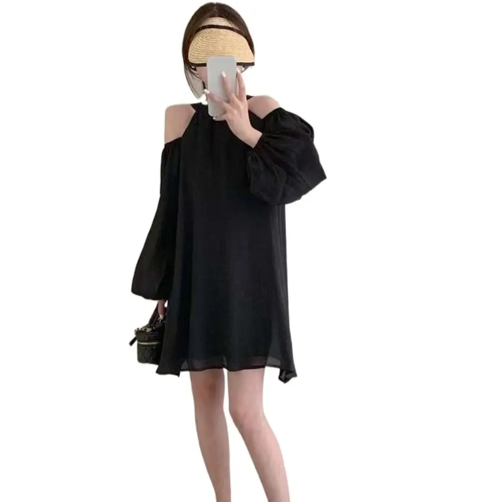 Słodka sukienka mini na ramiączkach z odkrytymi ramionami i bufiastymi rękawami, cienka, elegancka, w stylu koreańskim, plażowa, krótka spódniczka w kształcie litery A dla kobiet.