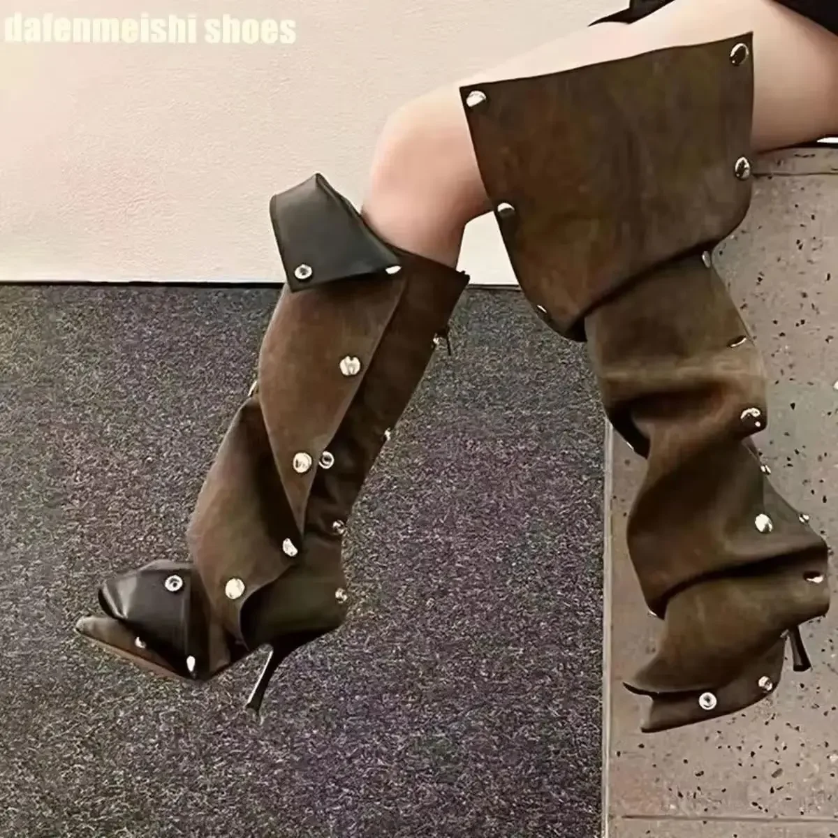 

2025 New High-Heeled Pointed Toe Metal Rivets Fashion Women Boots Denim Folds Splicing Casual Knee-High Boots