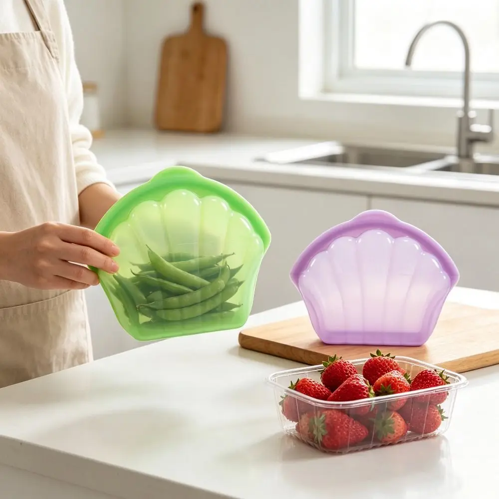 Shell Shape Silicone Food Storage Bag Food Grade Sealed Food Packaging Bag Leak-Proof Self Sealing Freezer Bag Meat