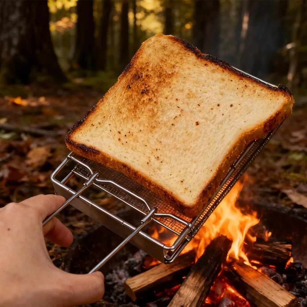 Portable Stainless Steel Outdoor Toast Toaster Rack Handheld Rectangular Bread Rack Foldable Toast Bread Grill Rack Meat Skewers