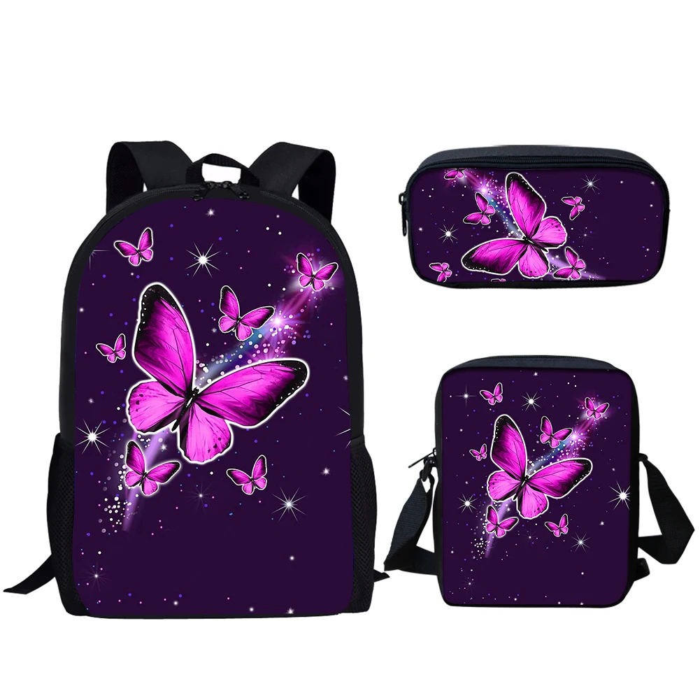 Purple Butterfly Moon Print 3Pcs Student School Bag Lunch Bag Pencil Bag for Teenager Boys Girls Casual Backpack Travel Rucksack