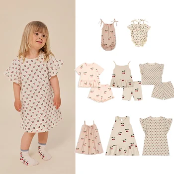 KS SS 체리 조끼 캐미솔 민소매 드레스 플라잉 슬리브 세트 크롤링 슈트 휴가 캐주얼 데일리웨어 아동복 소녀