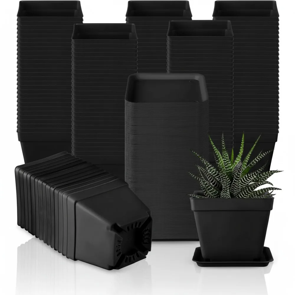 

100 Pcs 4 Inch Square Plastic Flower Pots with Saucers for Indoor Herbs Succulents Balcony Garden Office Planting
