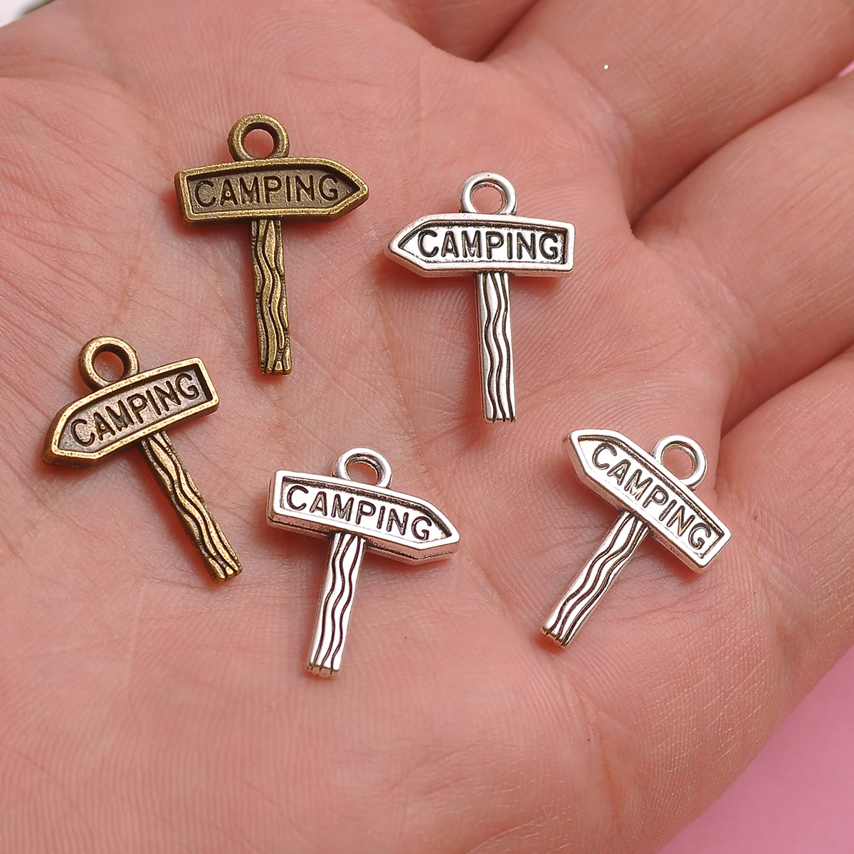 15 Camping Sign-Shaped Pendants Available in Two Colors, Engraved with English Road Signs, Suitable for DIY Bracelets, Necklaces, Earrings, Outdoor-Style Handmade Beaded Jewelry Accessories - view 5
