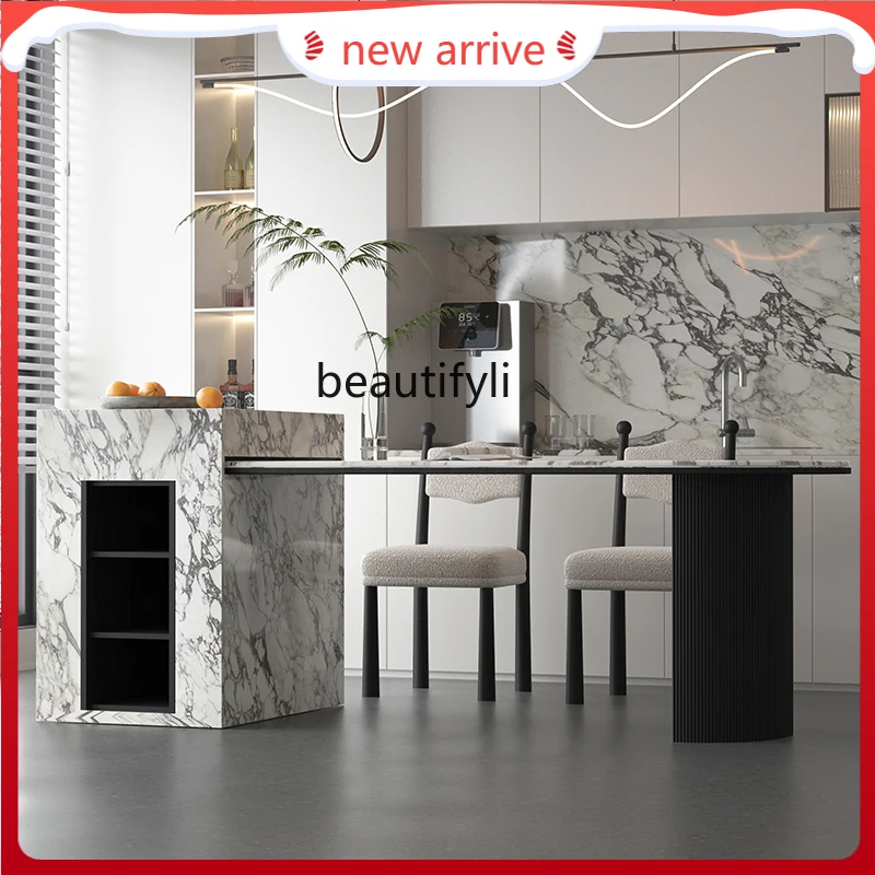 

Marble island dining table integrated rock slab simple cream style light luxury retractable table G1218