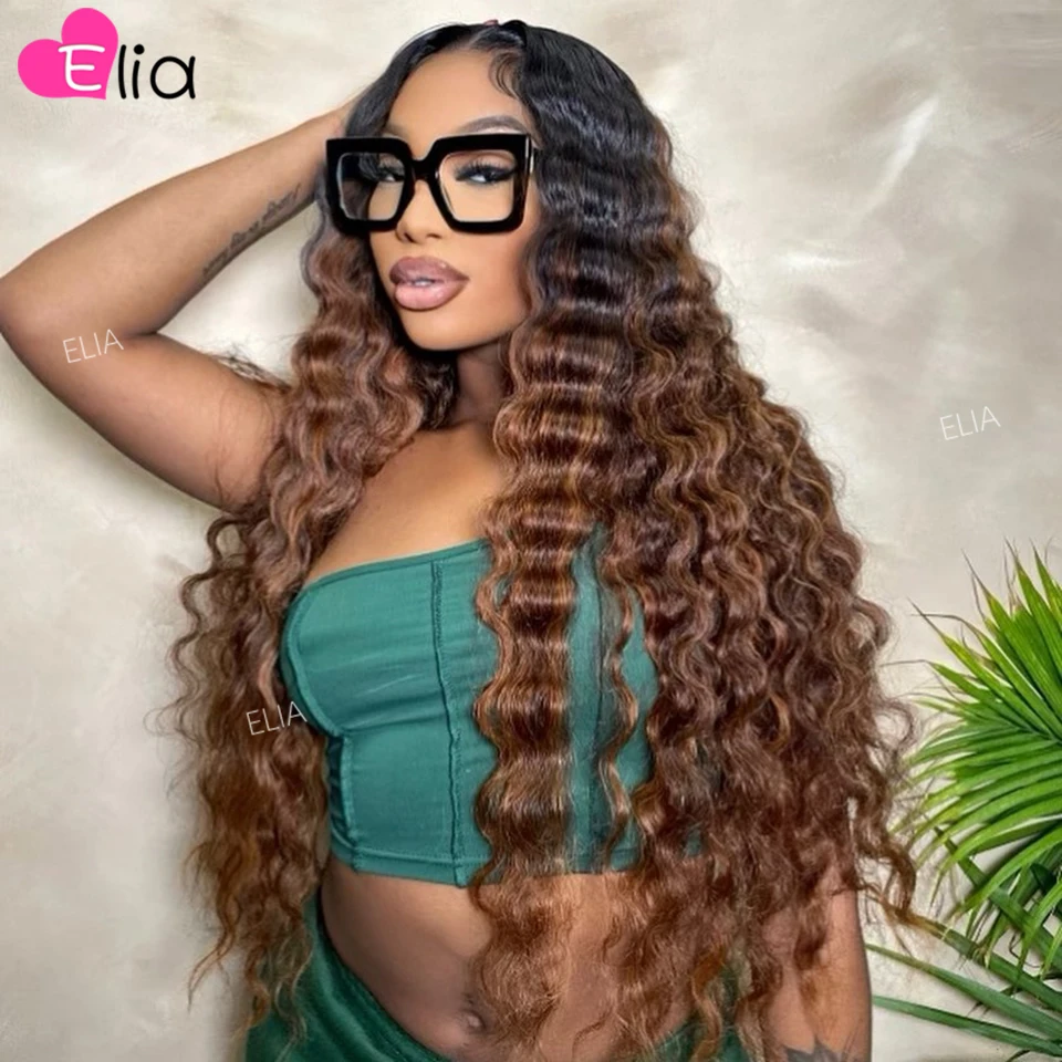 Ombre Brown Colored Deep Wave Lace Frontal Human Hair Wig Loose Deep Lace Closure Wig 4x4 5x5 180 Density Highlight Blonde Wave