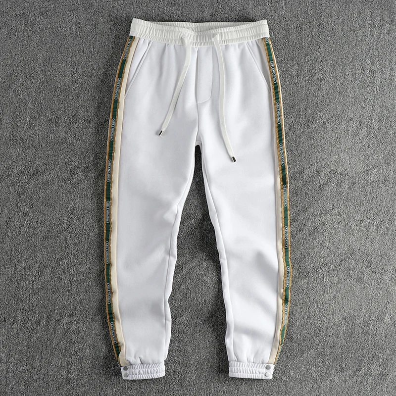 Side letter ribbon splicing fashion casual sweatpants men's thick knit fabric autumn and winter slim sports ankle pants