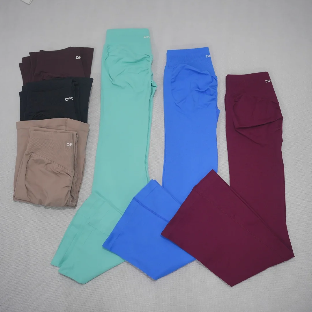 DF-LOGO High Waisted Seamless Flare Yoga Bell Bottoms Women Hip Lifting Compression Anti Squat Opaque Quick Dry Gym Running