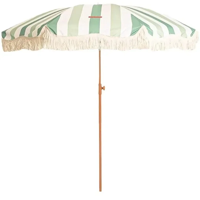 【Hot】Outdoor sun protection green and white striped fringed beach umbrella terrace garden leisure courtyard parasol portable