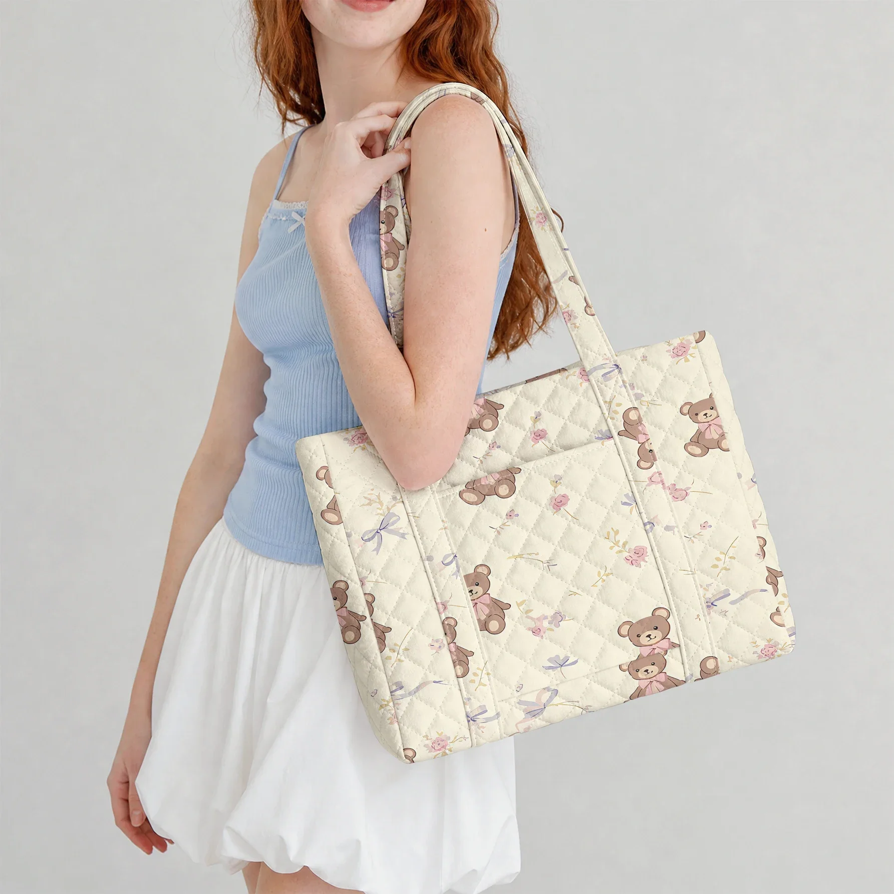 Floral Teddy Bear Print Tote Bag Large Capacity Shoulder Bag, Handbag For Shopping Travel School Work Daily Commute