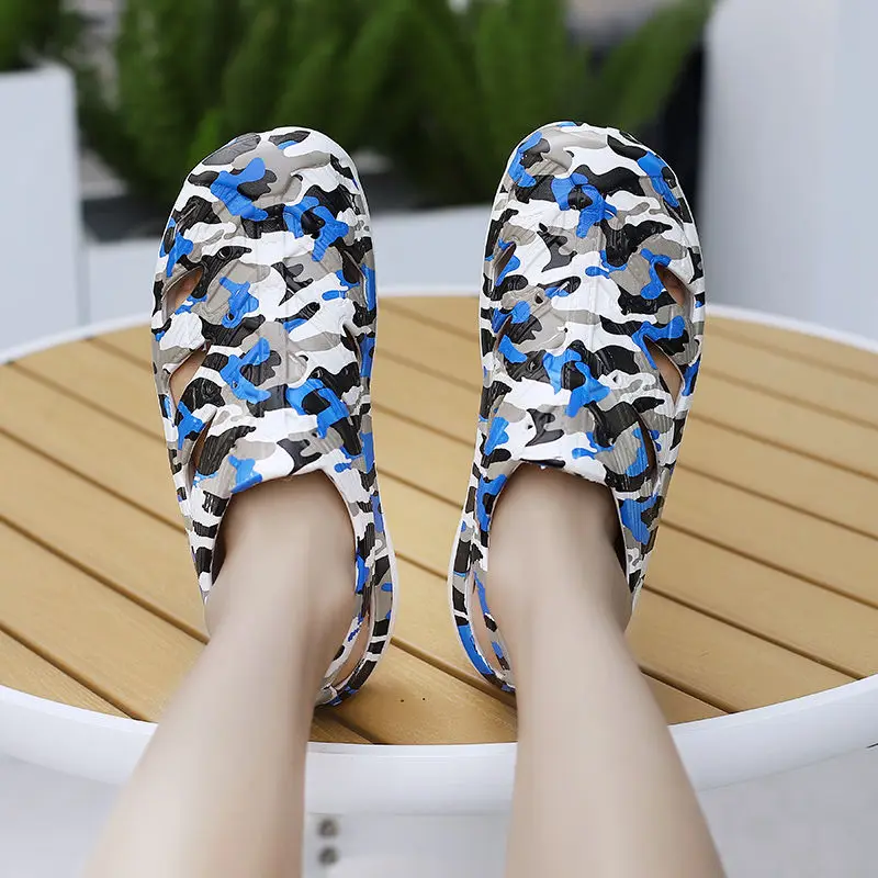 40-45 Men Sandals Summer Beach Shoes Mules Clogs Hollow Out Print Flip Flops Male Soft Sole Non-slip Breathable Outdoor Footwear