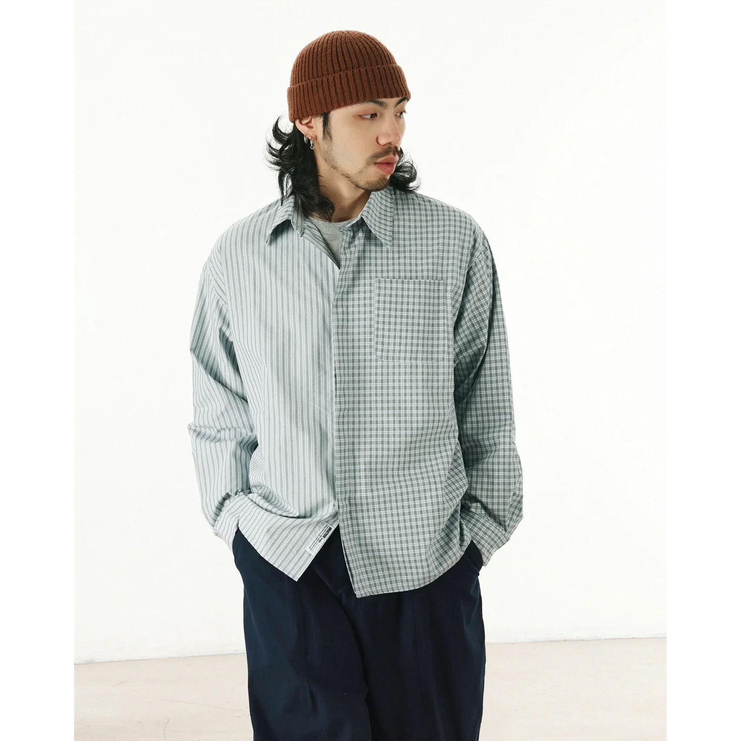 Japanese Vintage Long Sleeve Shirts Men Stripe Splice Plaid Streetwear Fashion Loose Causal Spring Autumn Shirts Tops